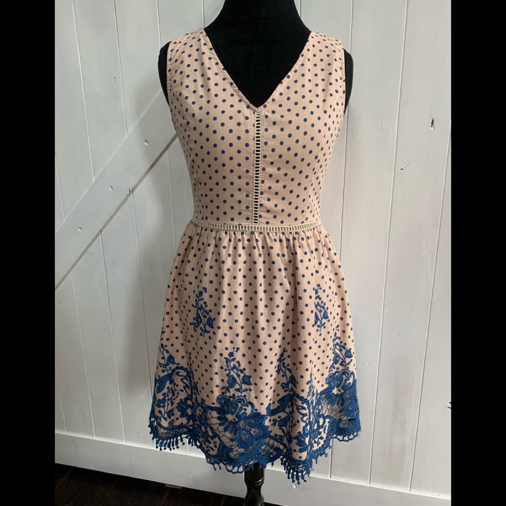 Blue lace and polka dot dress